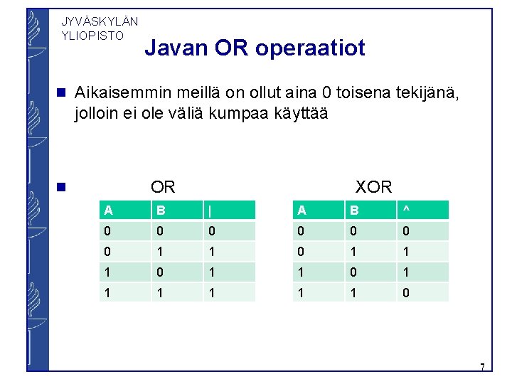 JYVÄSKYLÄN YLIOPISTO g Javan OR operaatiot Aikaisemmin meillä on ollut aina 0 toisena tekijänä,