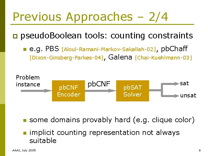 Previous Approaches – 2/4 p pseudo. Boolean tools: counting constraints n e. g. PBS
