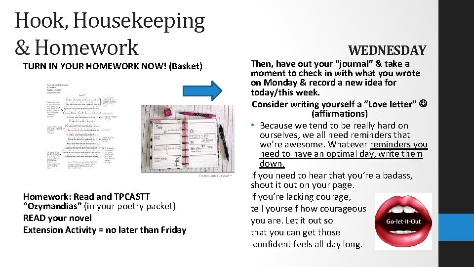 Hook, Housekeeping & Homework TURN IN YOUR HOMEWORK NOW! (Basket) Homework: Read and TPCASTT