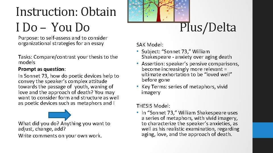 Instruction: Obtain I Do – You Do Purpose: to self-assess and to consider organizational