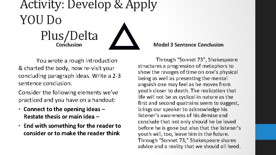 Activity: Develop & Apply YOU Do Plus/Delta Conclusion Model 3 Sentence Conclusion You wrote