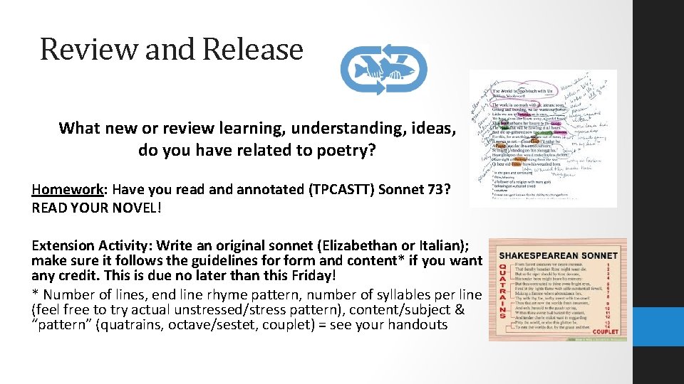 Review and Release What new or review learning, understanding, ideas, do you have related