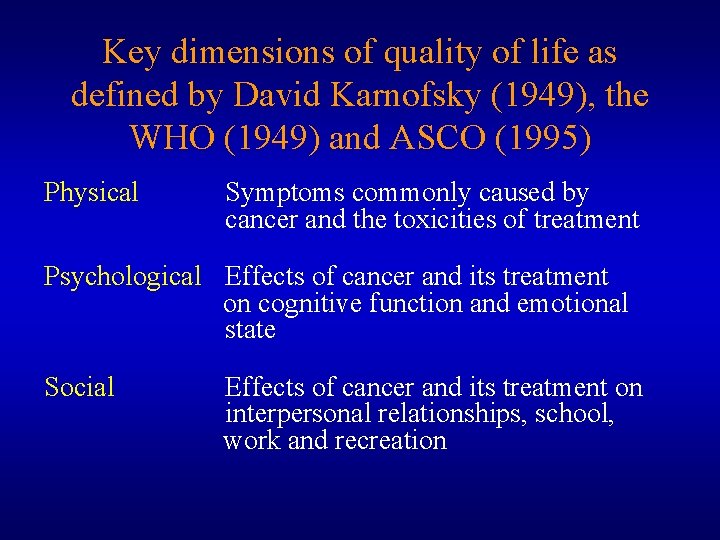 Key dimensions of quality of life as defined by David Karnofsky (1949), the WHO