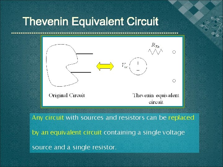 Any circuit with sources and resistors can be replaced by an equivalent circuit containing