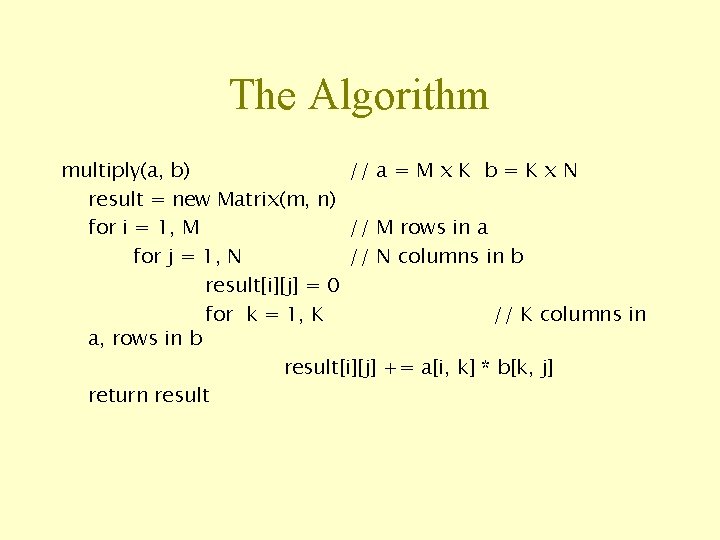 The Algorithm multiply(a, b) // a = M x K b = K x