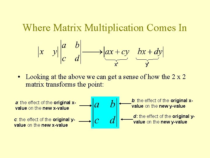 Where Matrix Multiplication Comes In x' y' • Looking at the above we can