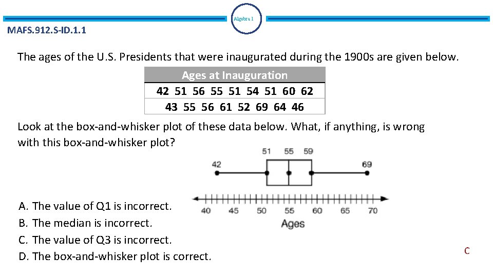 Algebra 1 MAFS. 912. S-ID. 1. 1 The ages of the U. S. Presidents