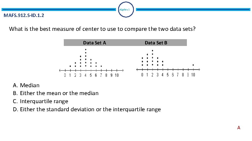 Algebra 1 MAFS. 912. S-ID. 1. 2 What is the best measure of center