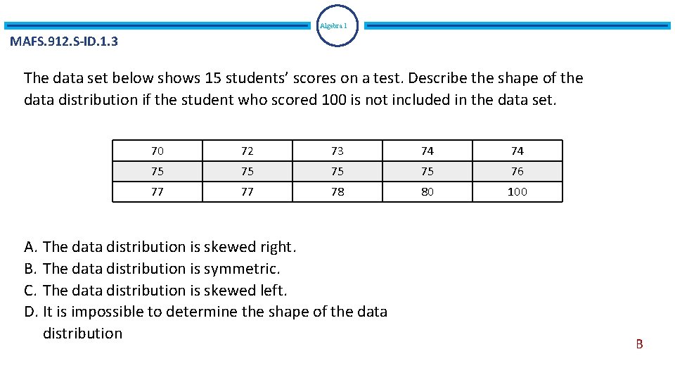 Algebra 1 MAFS. 912. S-ID. 1. 3 The data set below shows 15 students’