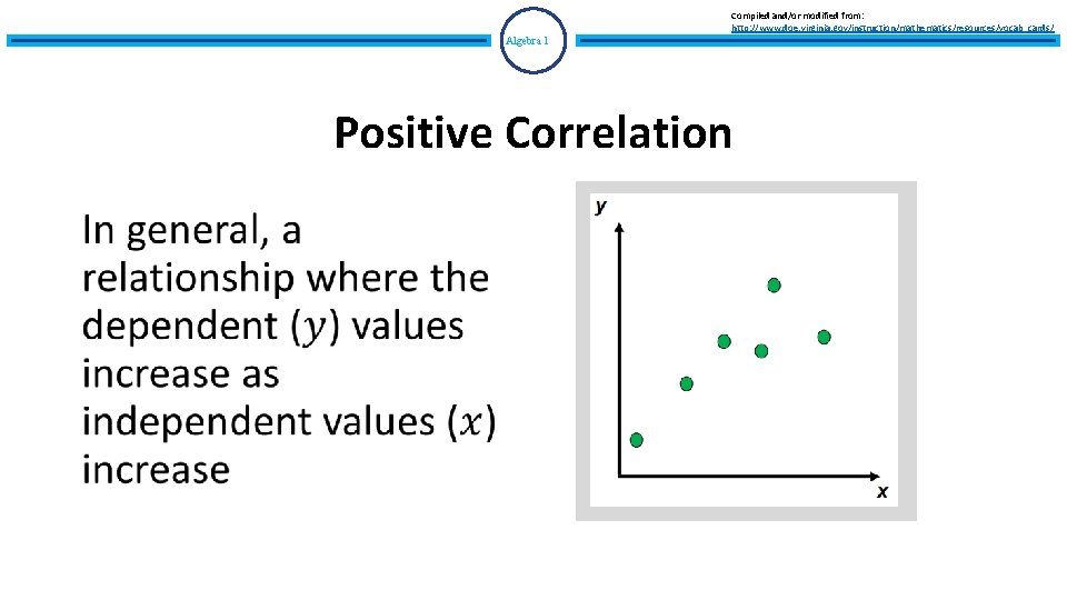 Compiled and/or modified from: http: //www. doe. virginia. gov/instruction/mathematics/resources/vocab_cards/ Algebra 1 Positive Correlation •