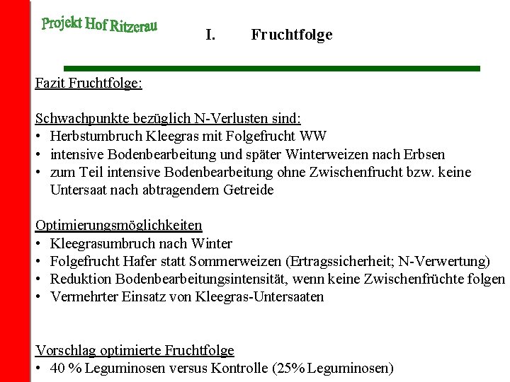 I. Fruchtfolge Fazit Fruchtfolge: Schwachpunkte bezüglich N-Verlusten sind: • Herbstumbruch Kleegras mit Folgefrucht WW