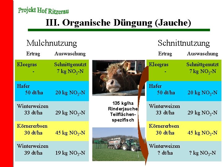 III. Organische Düngung (Jauche) Mulchnutzung Schnittnutzung Ertrag Kleegras Hafer 50 dt/ha Winterweizen 33 dt/ha