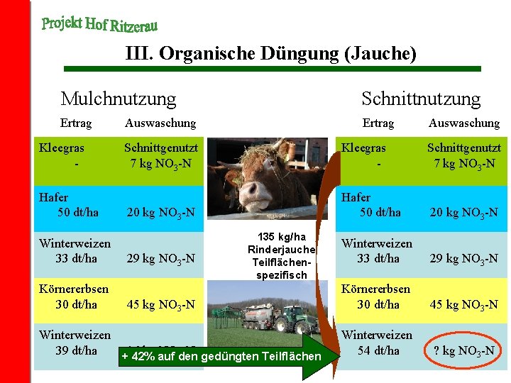III. Organische Düngung (Jauche) Mulchnutzung Schnittnutzung Ertrag Kleegras Hafer 50 dt/ha Winterweizen 33 dt/ha