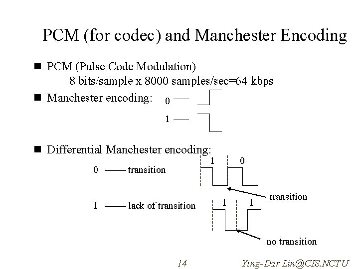 PCM (for codec) and Manchester Encoding n PCM (Pulse Code Modulation) 8 bits/sample x