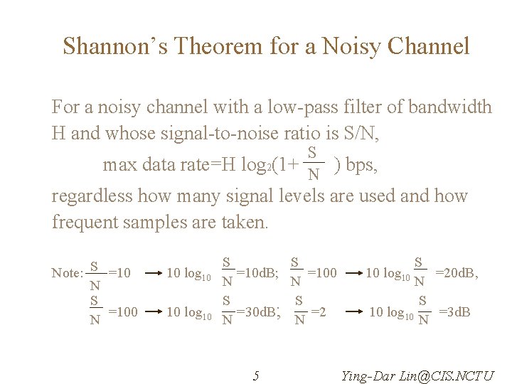 Shannon’s Theorem for a Noisy Channel For a noisy channel with a low-pass filter