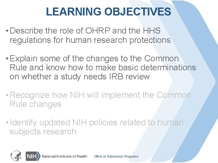 LEARNING OBJECTIVES • Describe the role of OHRP and the HHS regulations for human