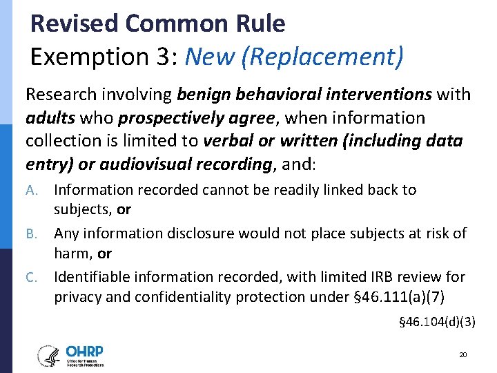 Revised Common Rule Exemption 3: New (Replacement) Research involving benign behavioral interventions with adults