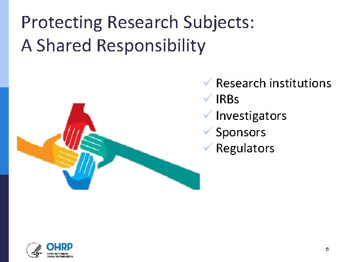 Protecting Research Subjects: A Shared Responsibility ü Research institutions ü IRBs ü Investigators ü