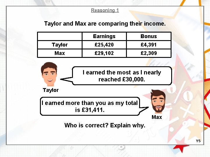 Reasoning 1 Taylor and Max are comparing their income. Earnings Bonus Taylor £ 25,