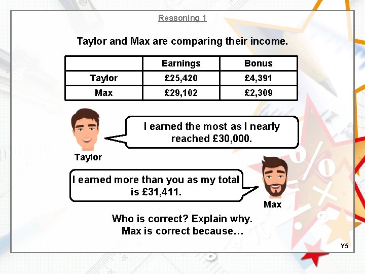 Reasoning 1 Taylor and Max are comparing their income. Earnings Bonus Taylor £ 25,