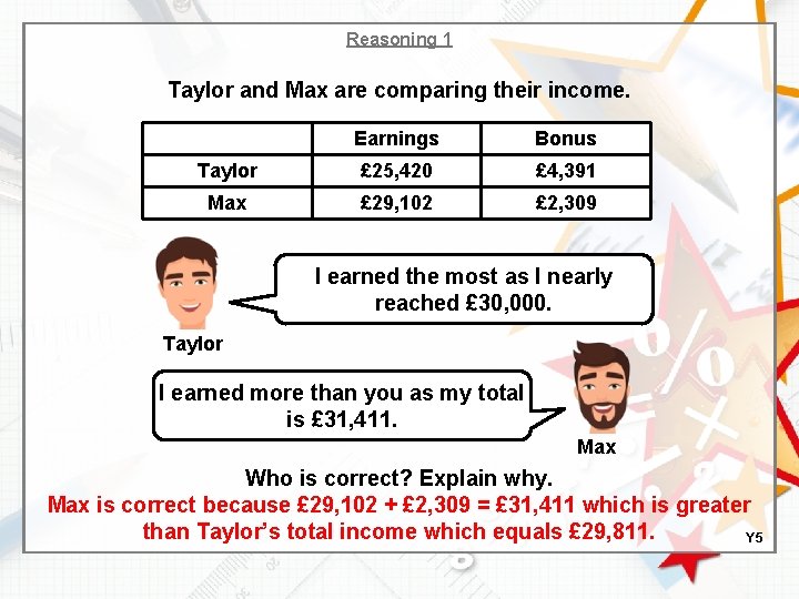 Reasoning 1 Taylor and Max are comparing their income. Earnings Bonus Taylor £ 25,