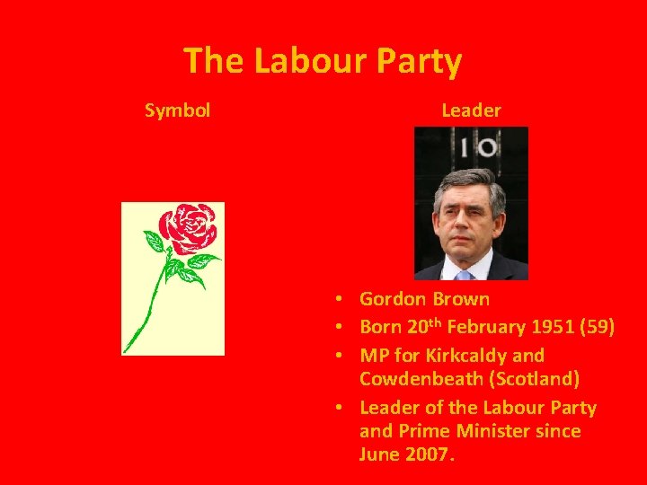 The Labour Party Symbol Leader • Gordon Brown • Born 20 th February 1951