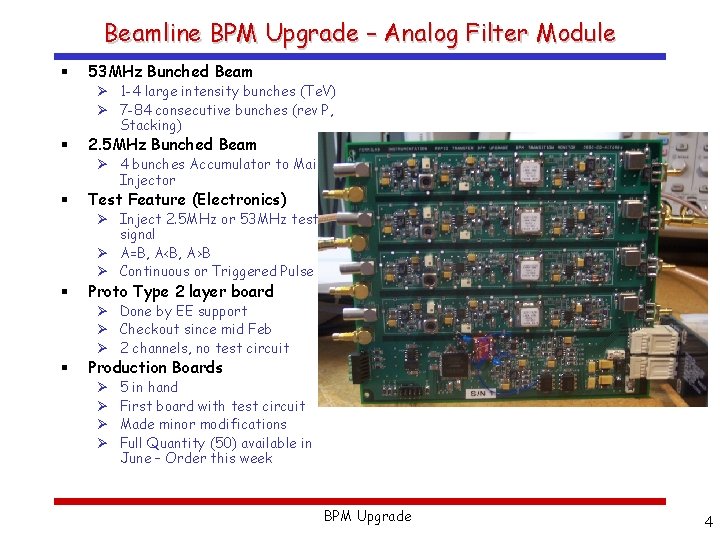 Beamline BPM Upgrade – Analog Filter Module § 53 MHz Bunched Beam Ø 1