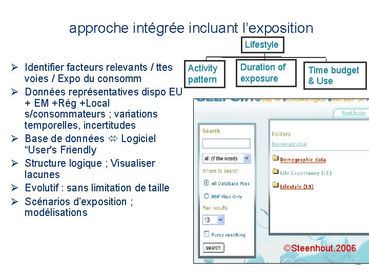 approche intégrée incluant l’exposition Lifestyle Ø Identifier facteurs relevants / ttes Activity voies /