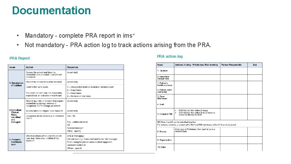 Documentation • Mandatory - complete PRA report in ims+ • Not mandatory - PRA