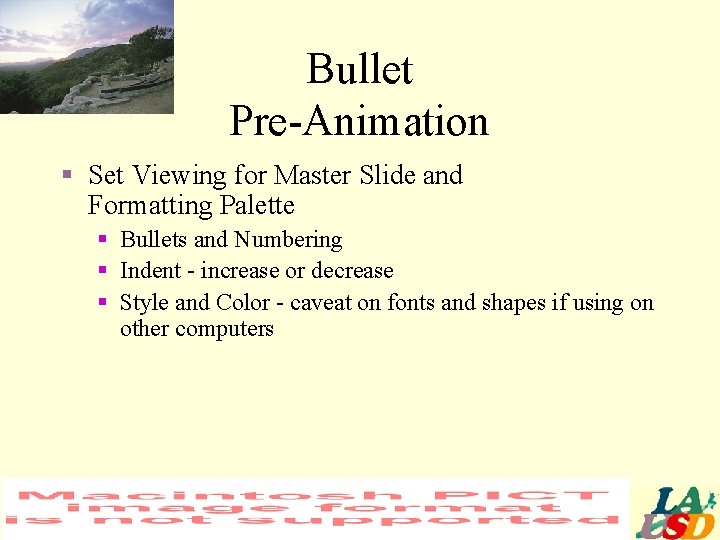 Bullet Pre-Animation § Set Viewing for Master Slide and Formatting Palette § Bullets and