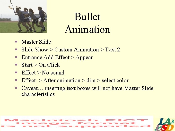 Bullet Animation § § § § Master Slide Show > Custom Animation > Text