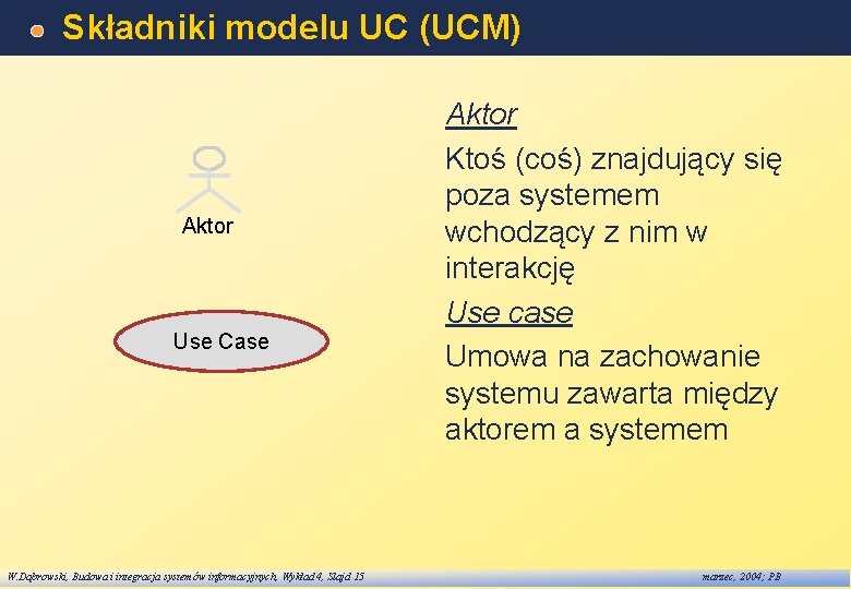 Składniki modelu UC (UCM) Aktor Use Case W. Dąbrowski, Budowa i integracja systemów informacyjnych,