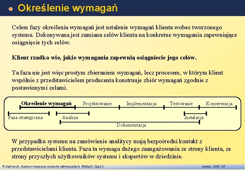 Określenie wymagań Celem fazy określenia wymagań jest ustalenie wymagań klienta wobec tworzonego systemu. Dokonywana