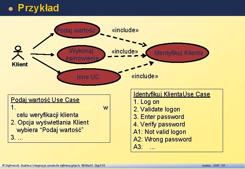 Przykład «include» Podaj wartość Klient Wykonaj zamówienie «include» Inne UC Podaj wartość Use Case