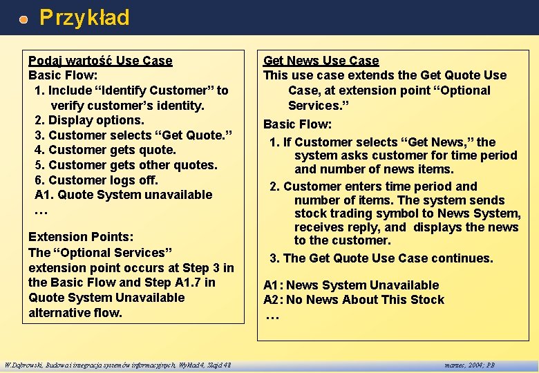 Przykład Podaj wartość Use Case Basic Flow: 1. Include “Identify Customer” to verify customer’s