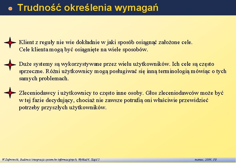 Trudność określenia wymagań Klient z reguły nie wie dokładnie w jaki sposób osiągnąć założone