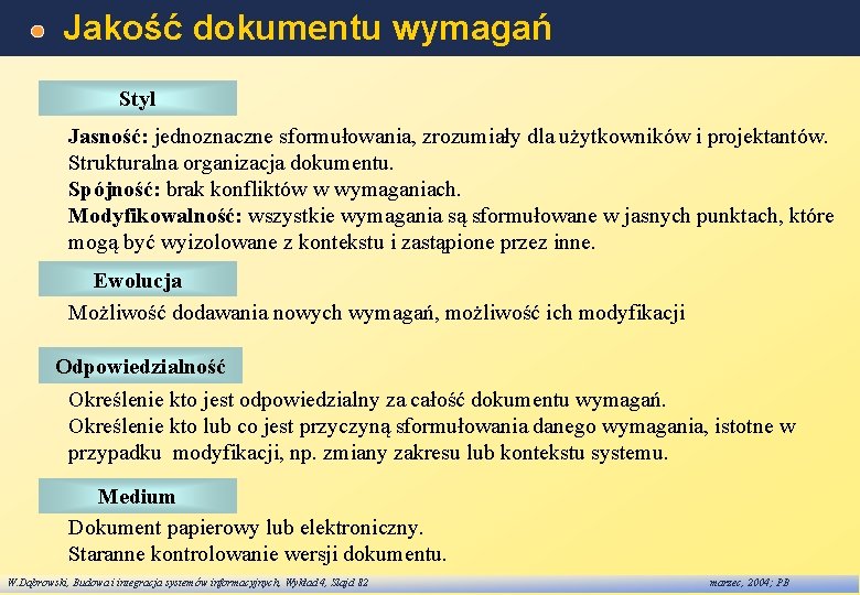 Jakość dokumentu wymagań Styl Jasność: jednoznaczne sformułowania, zrozumiały dla użytkowników i projektantów. Strukturalna organizacja