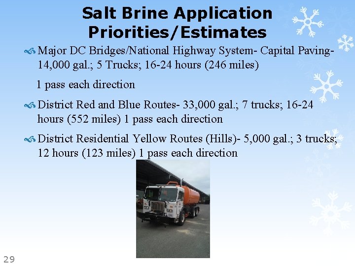 Salt Brine Application Priorities/Estimates Major DC Bridges/National Highway System- Capital Paving 14, 000 gal.