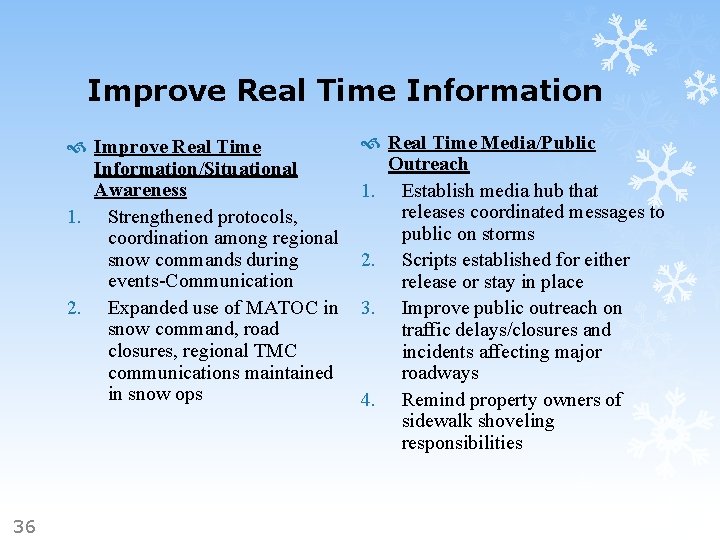 Improve Real Time Information Improve Real Time Information/Situational Awareness 1. Strengthened protocols, coordination among
