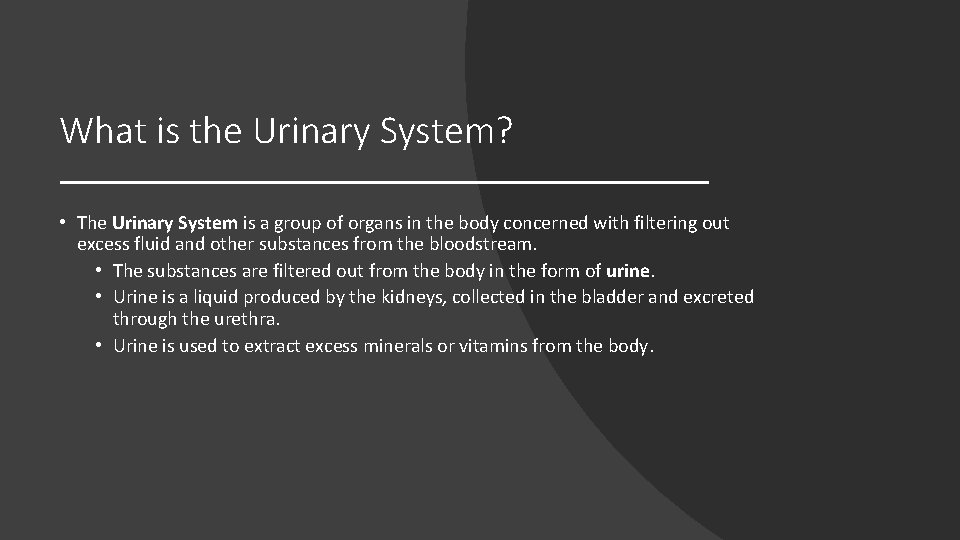 What is the Urinary System? • The Urinary System is a group of organs