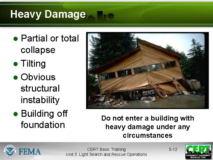 Heavy Damage ● Partial or total collapse ● Tilting ● Obvious structural instability ●