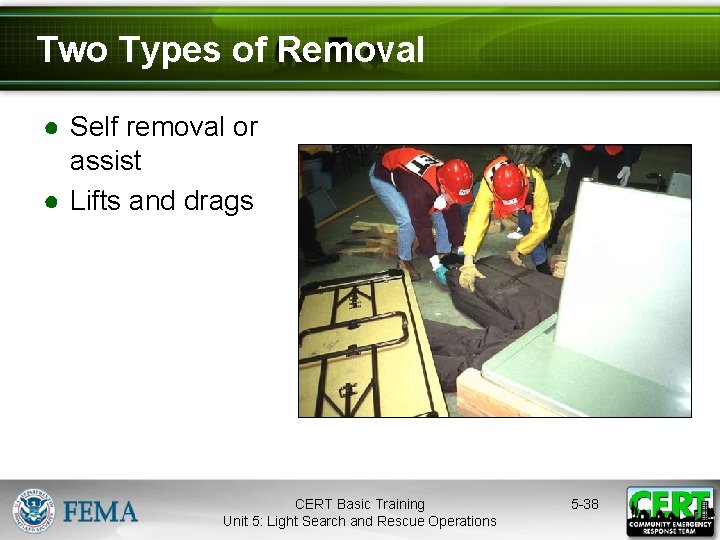 Two Types of Removal ● Self removal or assist ● Lifts and drags CERT