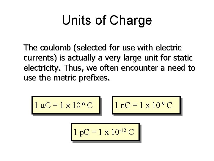 Units of Charge The coulomb (selected for use with electric currents) is actually a