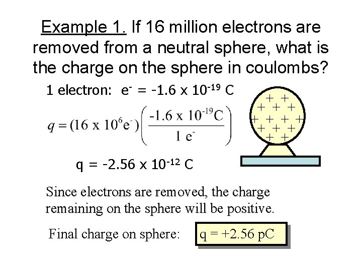 Example 1. If 16 million electrons are removed from a neutral sphere, what is