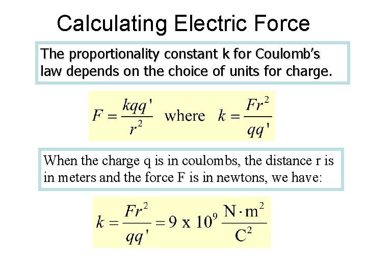 Calculating Electric Force The proportionality constant k for Coulomb’s law depends on the choice