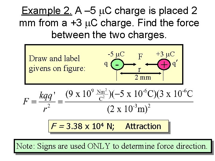 Example 2. A – 5 m. C charge is placed 2 mm from a