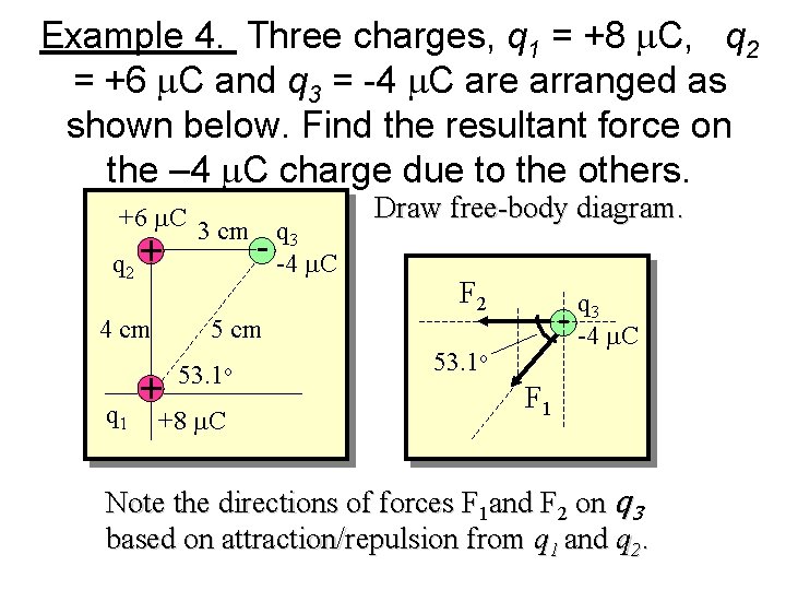 Example 4. Three charges, q 1 = +8 m. C, q 2 = +6