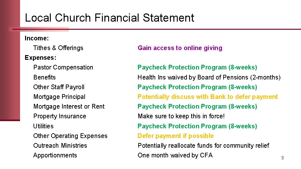Local Church Financial Statement Income: Tithes & Offerings Gain access to online giving Expenses: