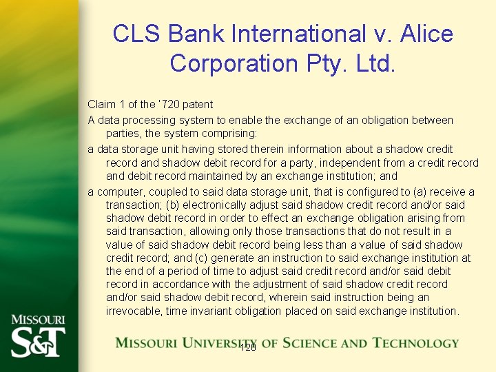 CLS Bank International v. Alice Corporation Pty. Ltd. Claim 1 of the ’ 720