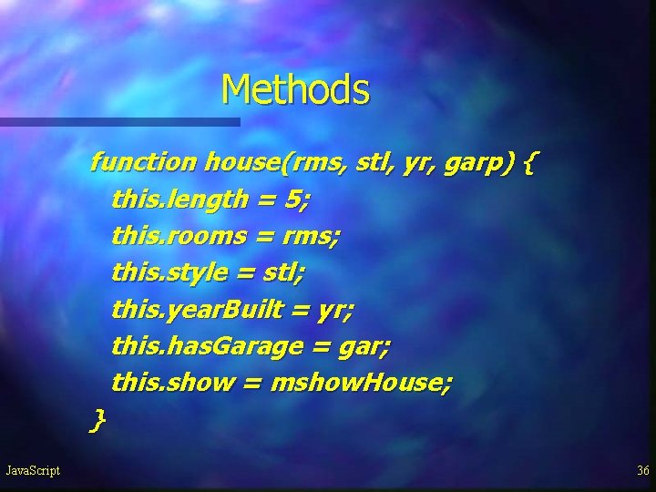 Methods function house(rms, stl, yr, garp) { this. length = 5; this. rooms = Methods function house(rms, stl, yr, garp) { this. length = 5; this. rooms =